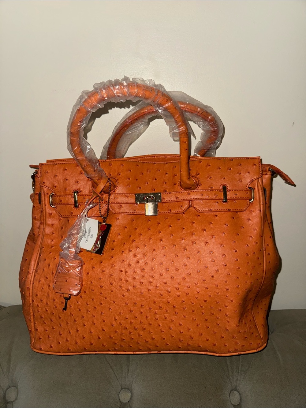 Penelope Orange Ostrich Embossed Large Satchel handbag